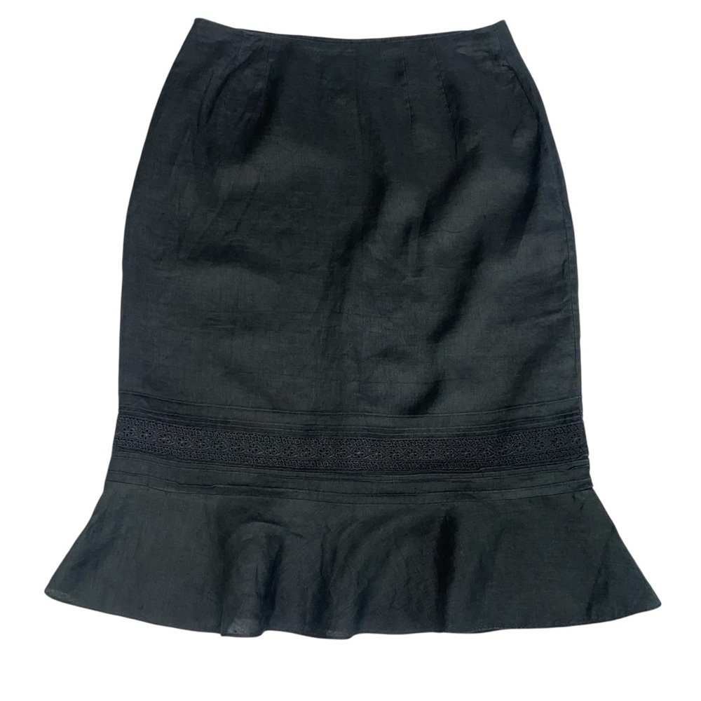 Ann Taylor LOFT 100% Linen Black Knee-Length Pencil Skirt Ruffled Hem Size 8